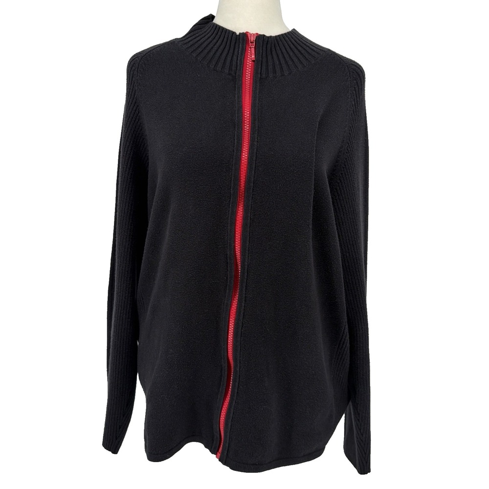 Harley Davidson Black Knit Sweater Red Zip Front Logo Sleeve Biker Classic Sz 1W